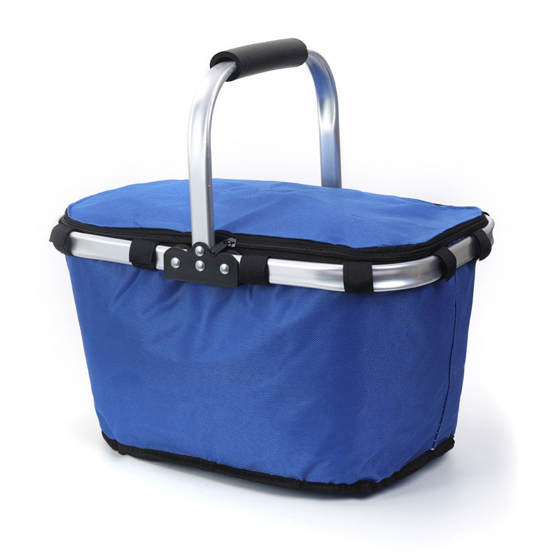Blue Foldable Insulated Picnic Basket With Zipper Lid &amp; Handle - Modern Minimalist Large Capacity Thermal Shopping Basket for Grocery, Camping, and Meal Delivery