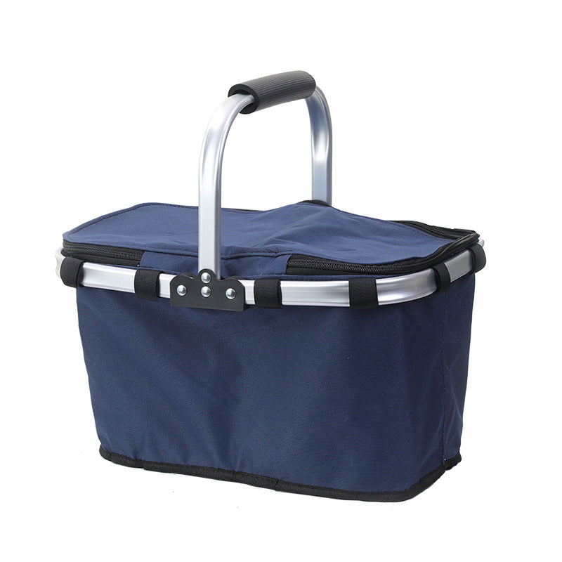 Dark Blue Foldable Insulated Picnic Basket With Zipper Lid &amp; Handle - Modern Minimalist Large Capacity Thermal Shopping Basket for Grocery, Camping, and Meal Delivery
