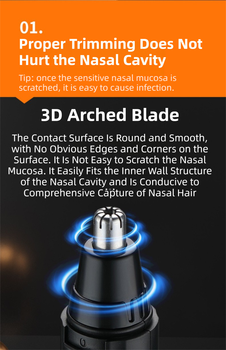 CX-D2 Black Electric Nose Hair Trimmer(12x2.5CM) - High-Speed 360° Rotating Blade, Painless Ear and Nose Hair Groomer with USB Charging