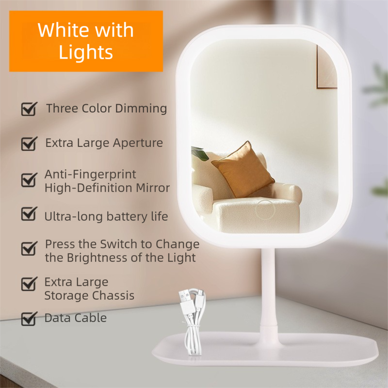 Portable LED Makeup Mirror with Integrated Fill Light &amp; Storage Chassis - 360°Rotatable High-Definition Stylish Tabletop Vanity Mirror(White)