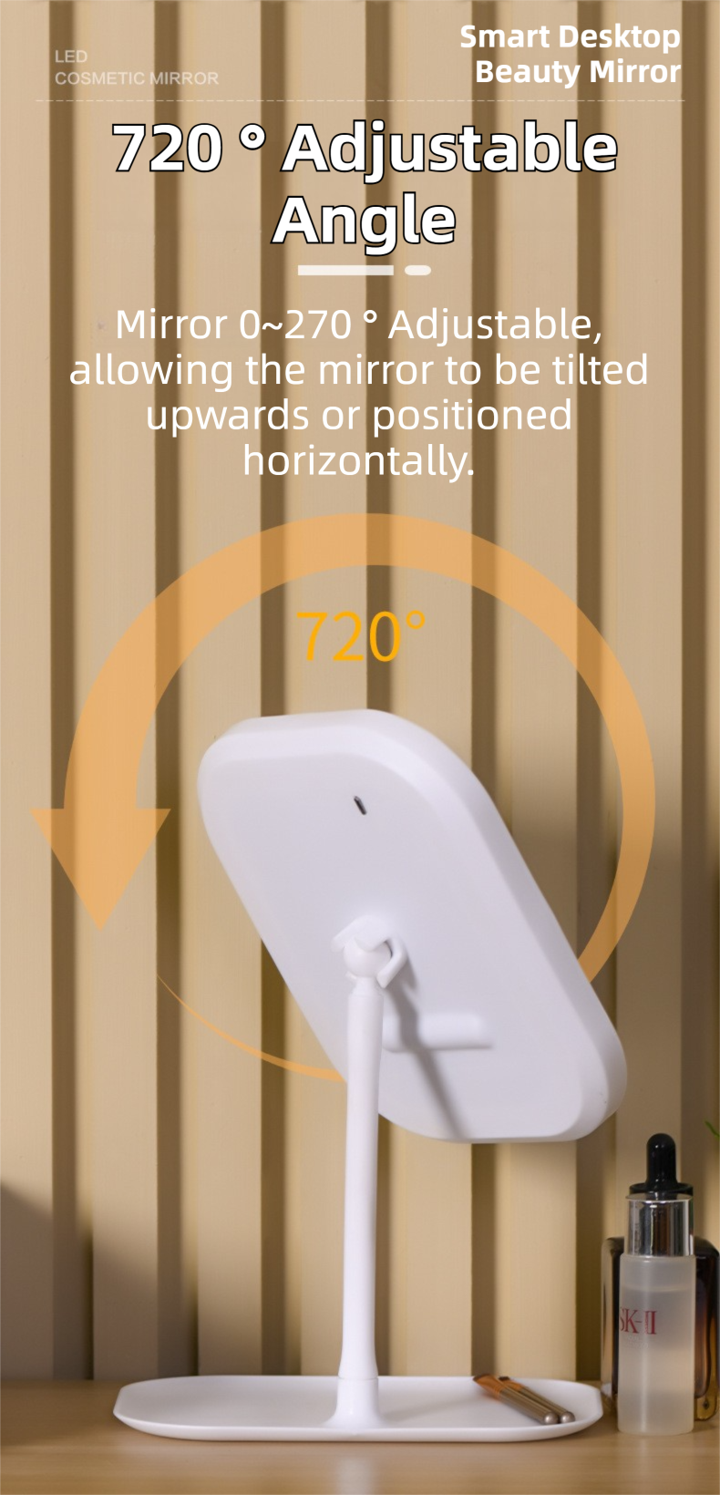 Portable LED Makeup Mirror with Integrated Fill Light & Storage Chassis - 360°Rotatable High-Definition Stylish Tabletop Vanity Mirror(White)