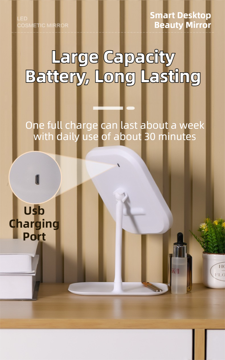 Portable LED Makeup Mirror with Integrated Fill Light & Storage Chassis - 360°Rotatable High-Definition Stylish Tabletop Vanity Mirror(White)