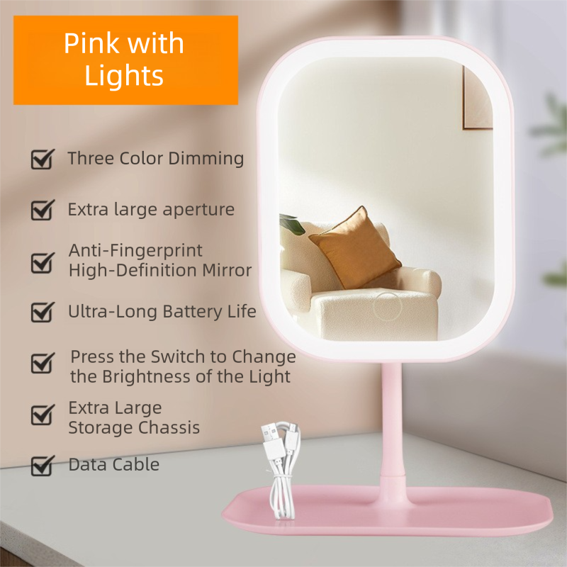 Portable LED Makeup Mirror with Integrated Fill Light &amp; Storage Chassis - 360°Rotatable High-Definition Stylish Tabletop Vanity Mirror(Pink)
