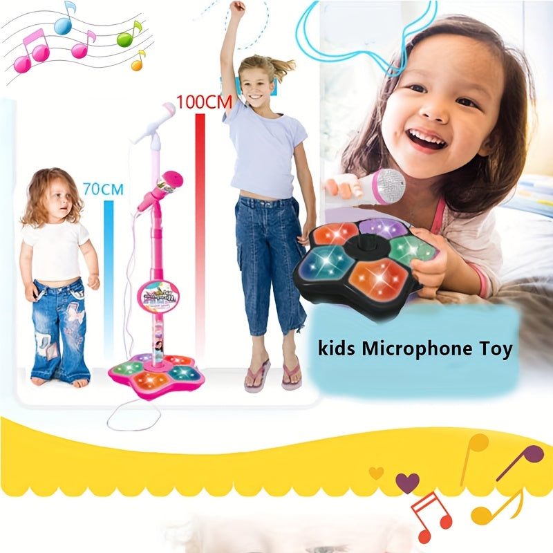 Kids Pink Karaoke Microphone & Adjustable Stand Toy - Portable Singing Machine Educational Musical Toy, Connects to Smartphones for MP3 Music Playback