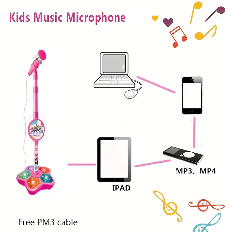 Kids Black Karaoke Microphone & Adjustable Stand Toy - Portable Singing Machine Educational Musical Toy, Connects to Smartphones for MP3 Music Playback