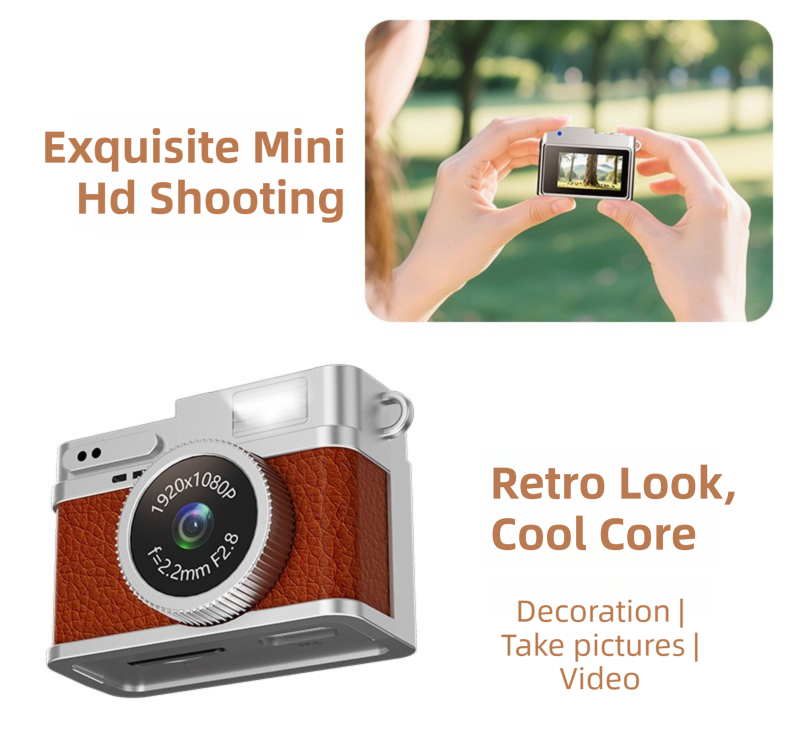 Retro Style Ultra-Mini Thumb Cam for Vlogging (White) - Portable Digital Photo & Video Recorder with 32GB Memory Card & 0.96" Screen, Free Wearable Keychain & Necklace