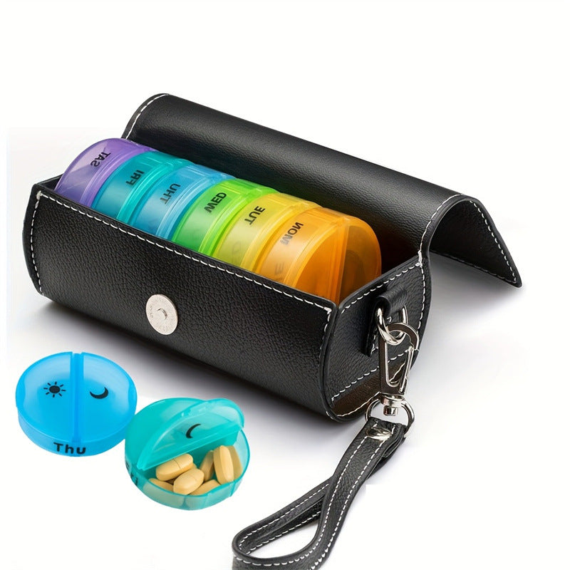Portable 7-Day Weekly Travel Pill Organizer with Black PU Leather Pouch - 14 Colorful Compartments AM/PM Medication Planner, Dustproof &amp; Light-Shielding