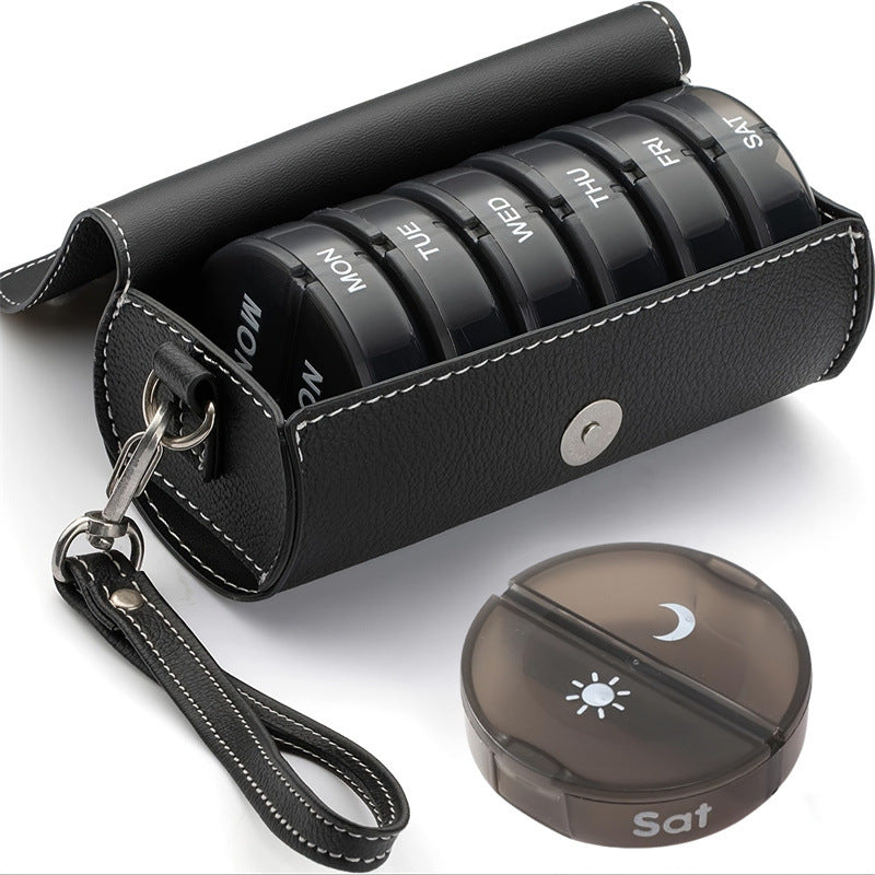 Portable 7-Day Weekly Travel Pill Organizer with Black PU Leather Pouch - 14 Black Compartments AM/PM Medication Planner, Dustproof &amp; Light-Shielding