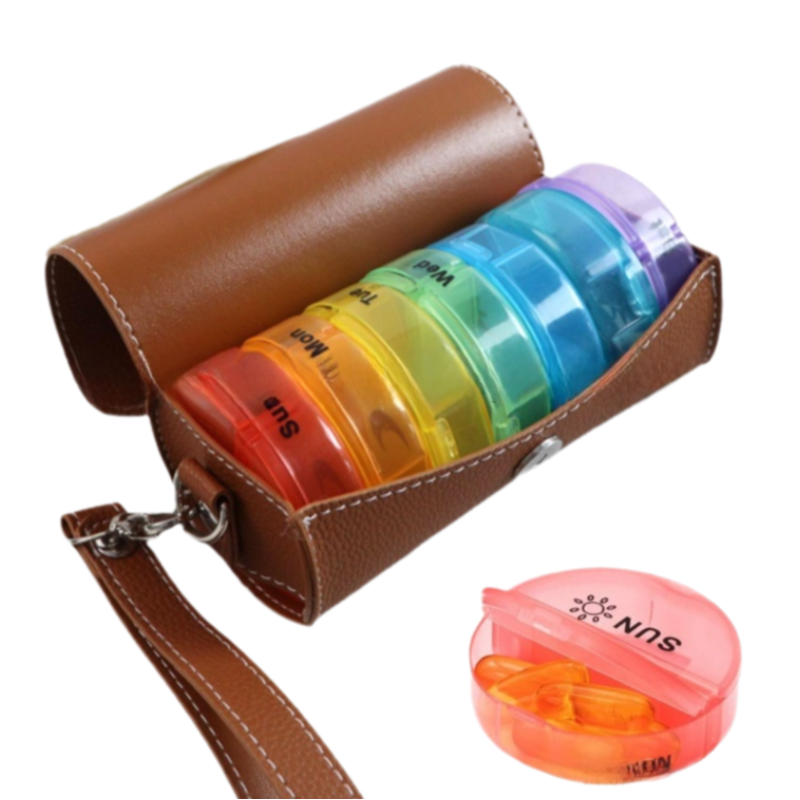 Portable 7-Day Weekly Travel Pill Organizer with Brown PU Leather Pouch - 14 Colorful Compartments AM/PM Medication Planner, Dustproof &amp; Light-Shielding