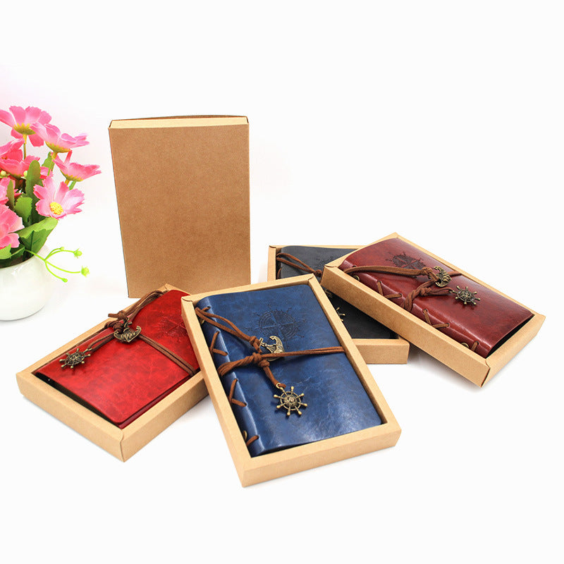 2-Pack A6 Nautical Vintage PU Leather Student Notebook - Pirate Style Strapped Diary with 150 Pages of Refillable Kraft Paper(Wine Red)