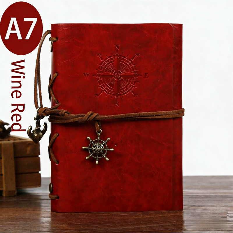 2-Pack A7 Nautical Vintage PU Leather Student Notebook - Pirate Style Strapped Diary with 150 Pages of Refillable Kraft Paper(Wine Red)