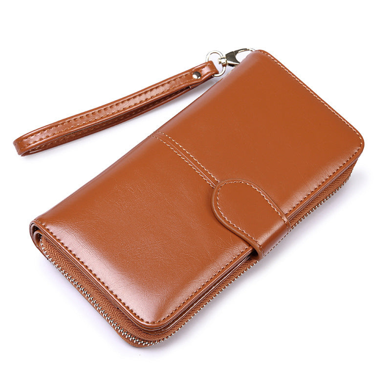 Brown Women's Long Buckle Closure Wallet - PU Lether Large Capacity Multi-Slot Card Holder &amp; Purse Combo wIth Wristband