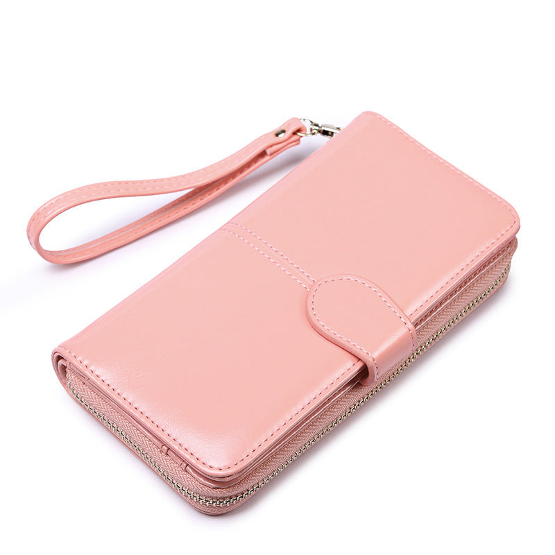 Pink Women's Long Buckle Closure Wallet - PU Lether Large Capacity Multi-Slot Card Holder &amp; Purse Combo wIth Wristband