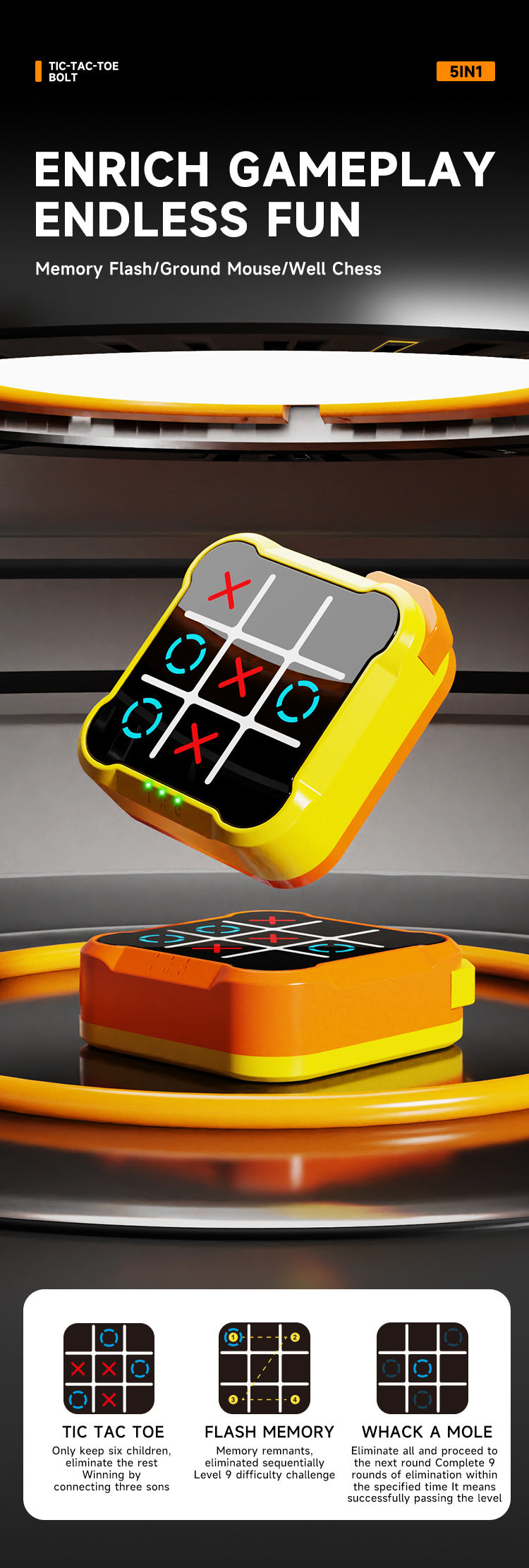 Orange All-in-One Tic-Tac-Toe Desktop Game - Portable Family Interactive Board Toy, Brain Training Puzzle & Travel-Friendly Strategy Game