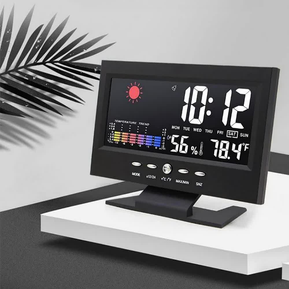 Digital Weather Forecast Clock With Alarm Clock - Color LCD Display with Date, Temperature, Humidity Monitor & Voice-Activated Backlight