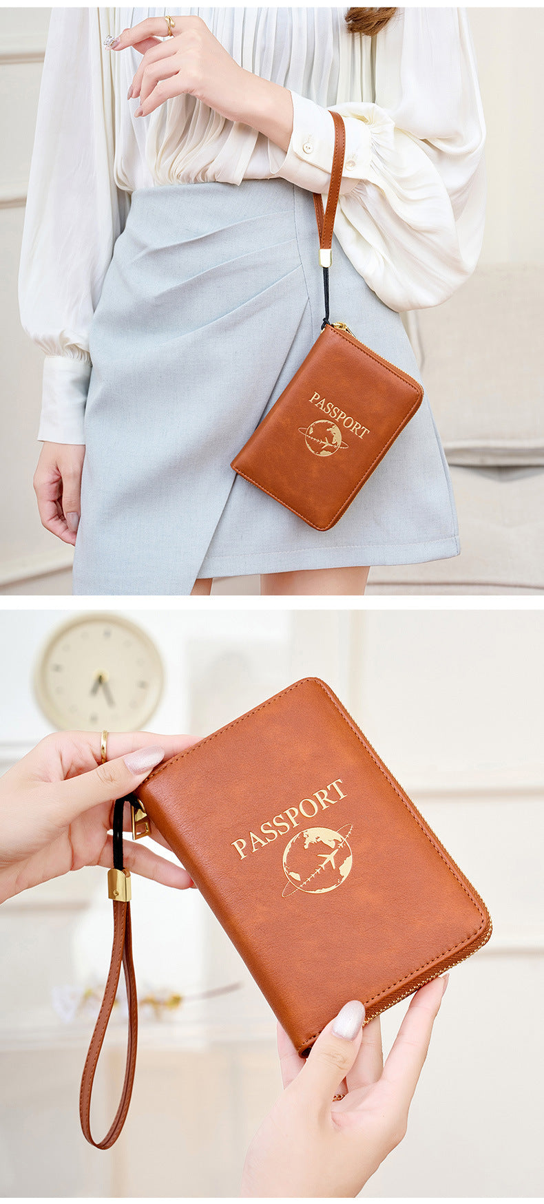 Pink RFID Blocking Travel Passport Holder - Multi-functional Waterproof PU Leather Security Travel Wallet with Zipper and Wristband