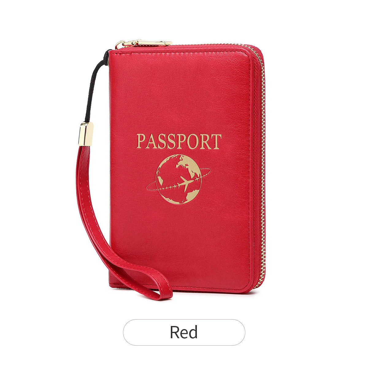 Red RFID Blocking Travel Passport Holder - Multi-functional Waterproof PU Leather Security Travel Wallet with Zipper and Wristband