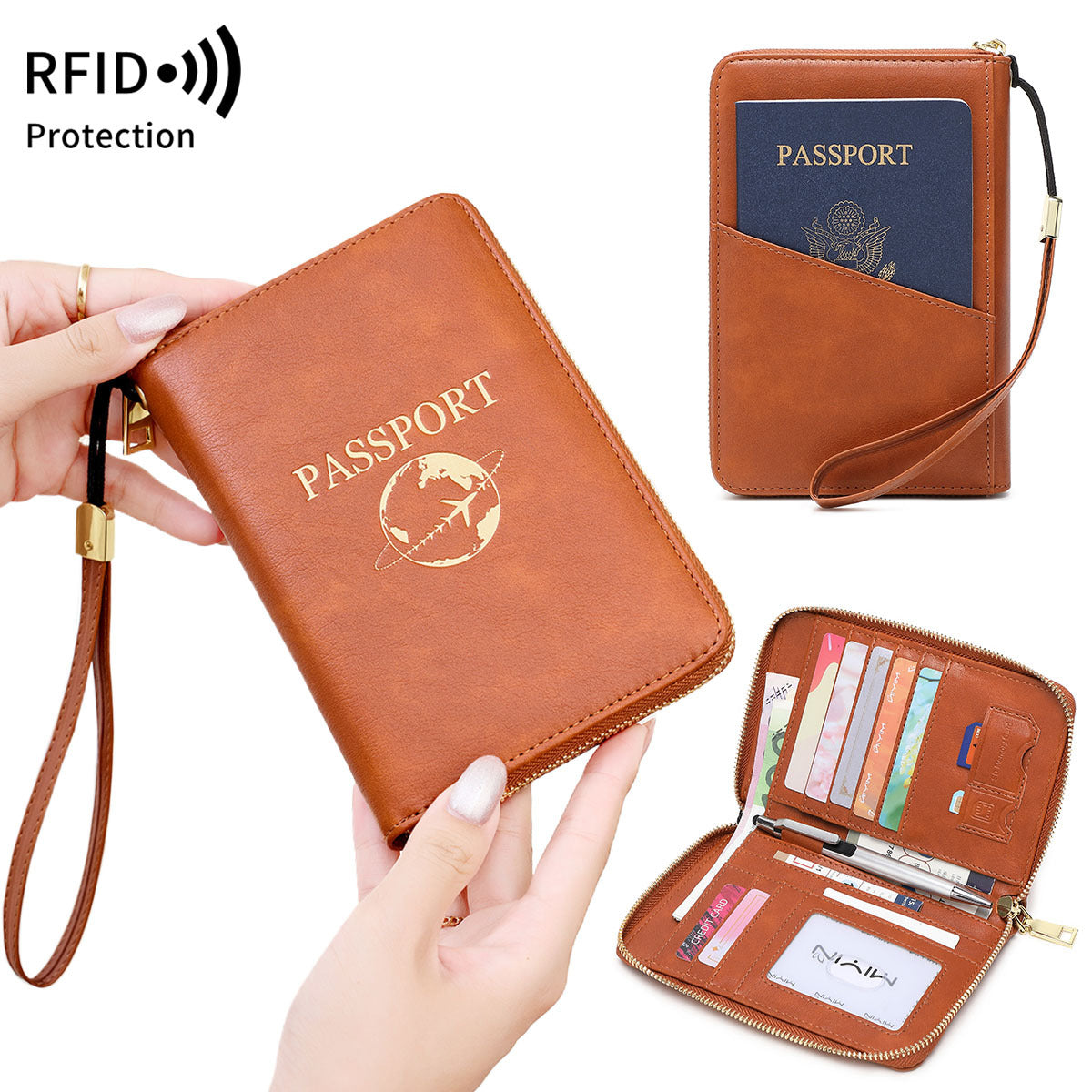 Grey RFID Blocking Travel Passport Holder - Multi-functional Waterproof PU Leather Security Travel Wallet with Zipper and Wristband