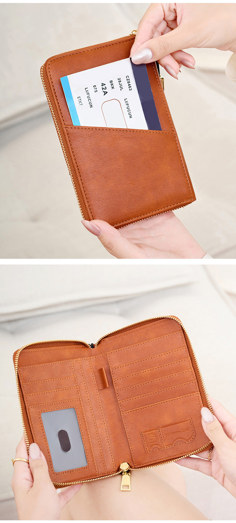 Grey RFID Blocking Travel Passport Holder - Multi-functional Waterproof PU Leather Security Travel Wallet with Zipper and Wristband