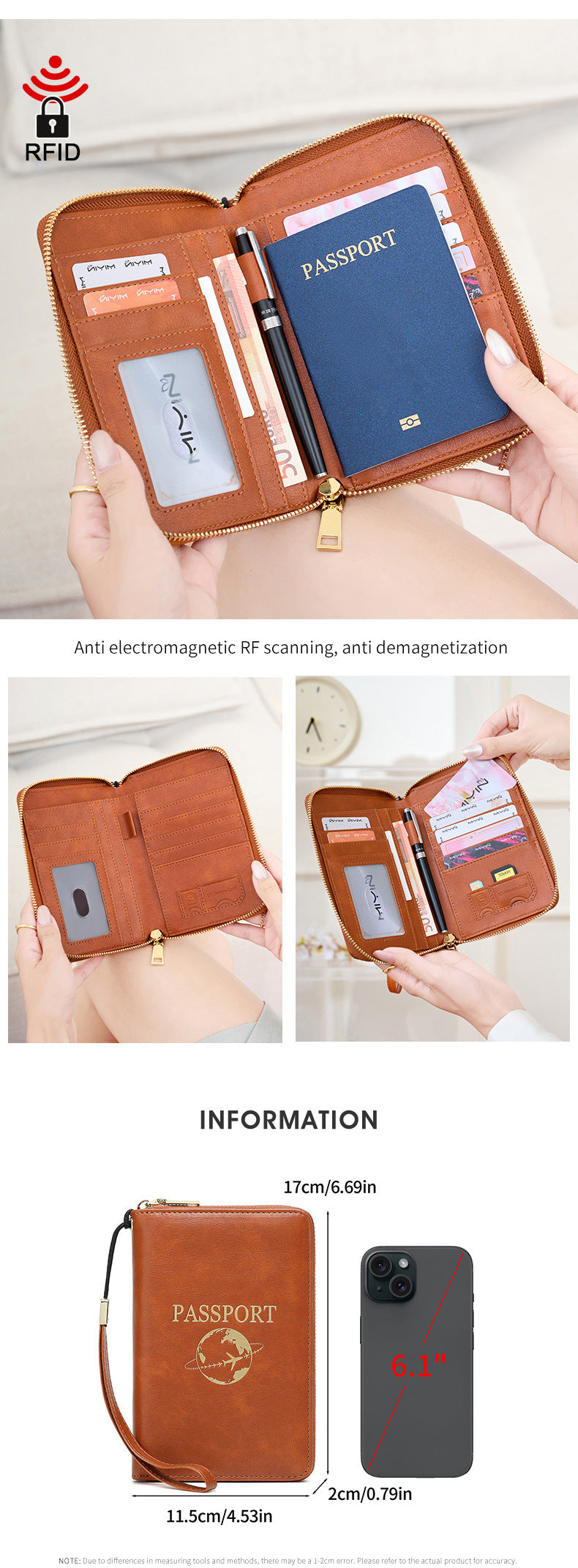 Grey RFID Blocking Travel Passport Holder - Multi-functional Waterproof PU Leather Security Travel Wallet with Zipper and Wristband