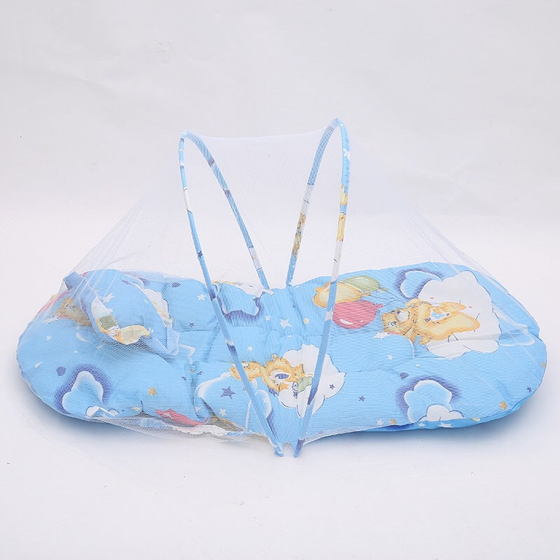 Blue Portable 3-in-1 Mosquito Net Set with Soft Sleep Pad & Pillow - Foldable Pop-Up Travel Bassinet for Infants, Breathable Shield for Indoor & Outdoor Use
