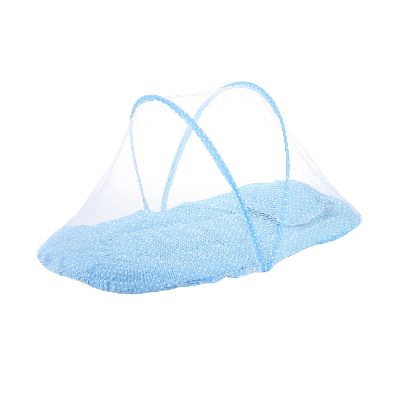 Blue Polka Dots Portable 3-in-1 Mosquito Net Set with Soft Sleep Pad & Pillow - Foldable Pop-Up Travel Bassinet for Infants, Breathable Shield for Indoor & Outdoor Use