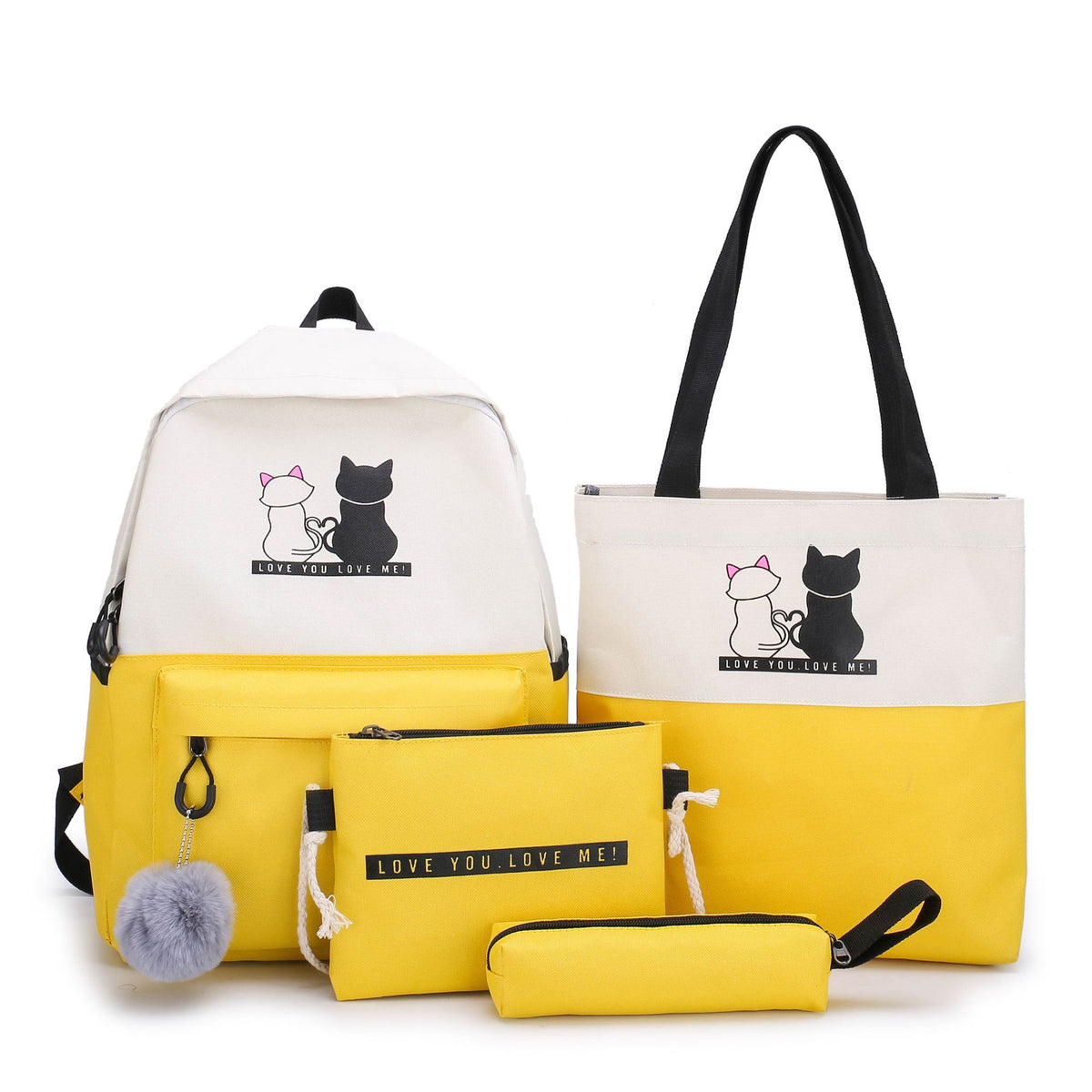 4-Piece Yellow Student Backpack Set with Cat Print - Durable Canvas School Bag Combo - Includes Backpack, Tote Bag, Crossbody Bag &amp; Pencil Case