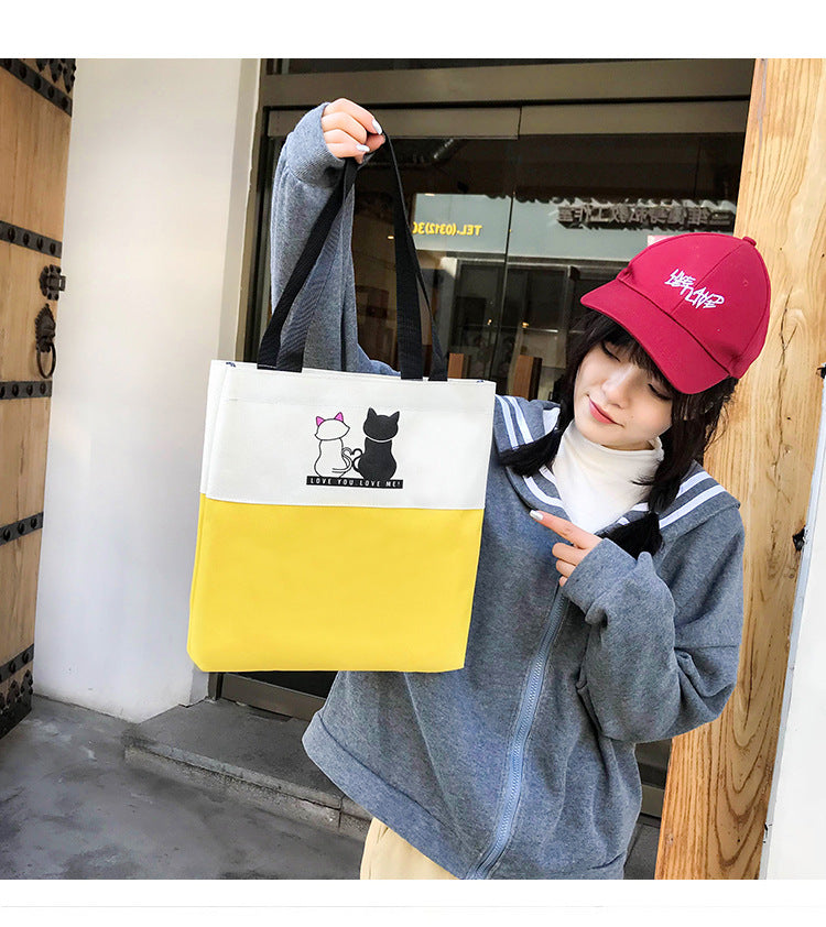 4-Piece Yellow Student Backpack Set with Cat Print - Durable Canvas School Bag Combo - Includes Backpack, Tote Bag, Crossbody Bag & Pencil Case