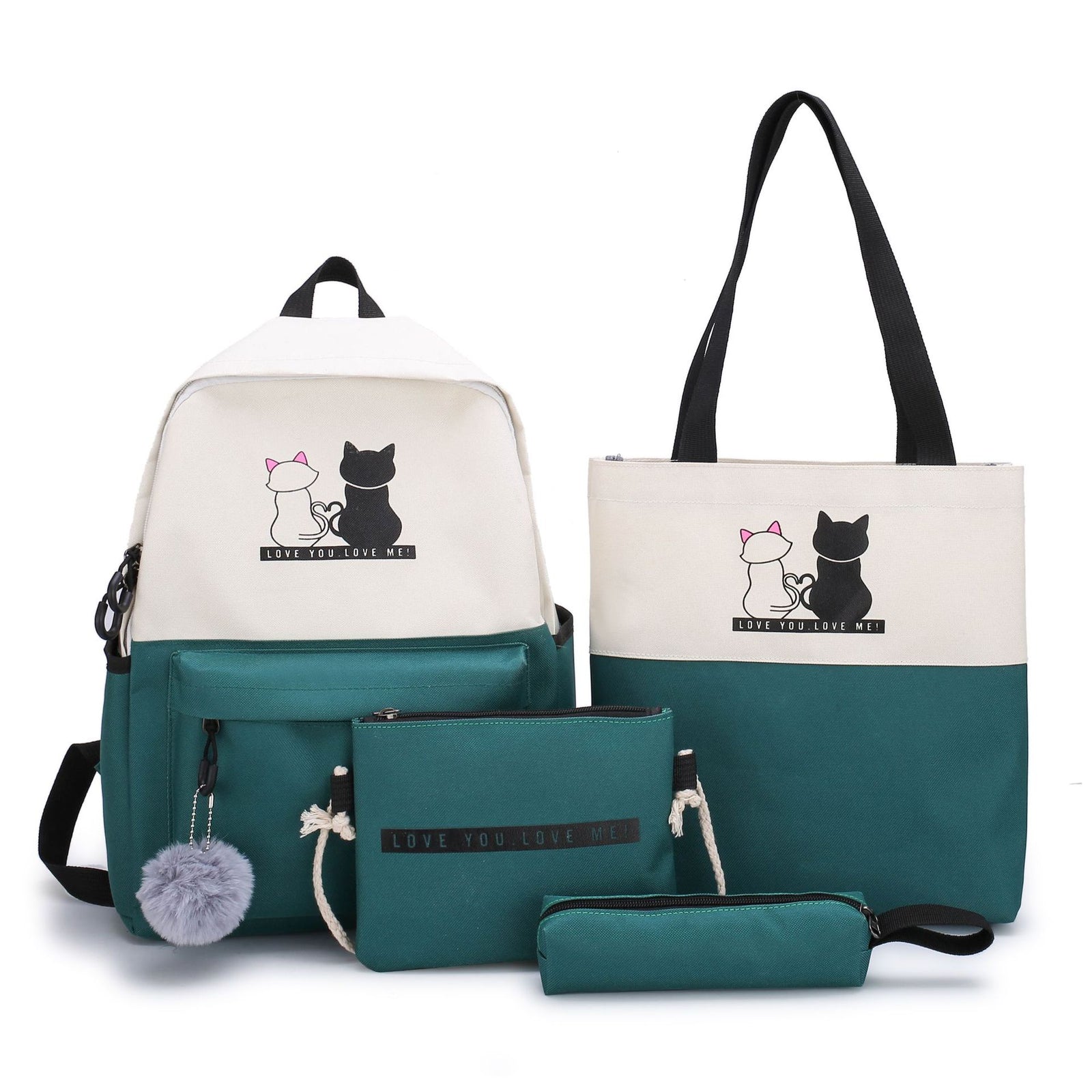 4-Piece Green Student Backpack Set with Cat Print - Durable Canvas School Bag Combo - Includes Backpack, Tote Bag, Crossbody Bag & Pencil Case