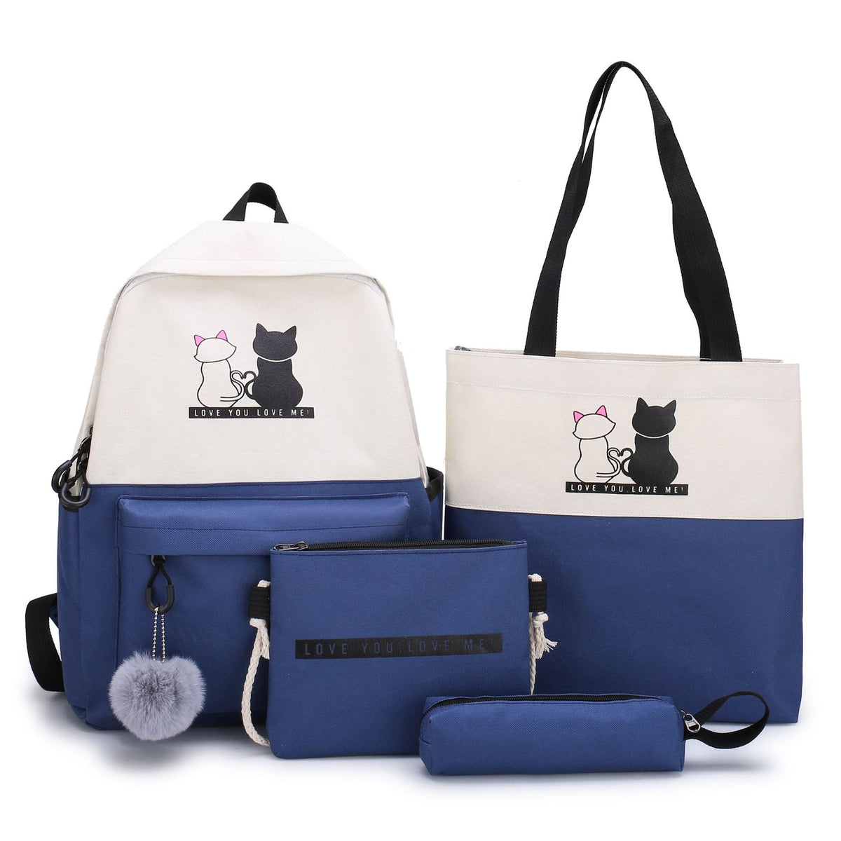 4-Piece Blue Student Backpack Set with Cat Print - Durable Canvas School Bag Combo - Includes Backpack, Tote Bag, Crossbody Bag &amp; Pencil Case