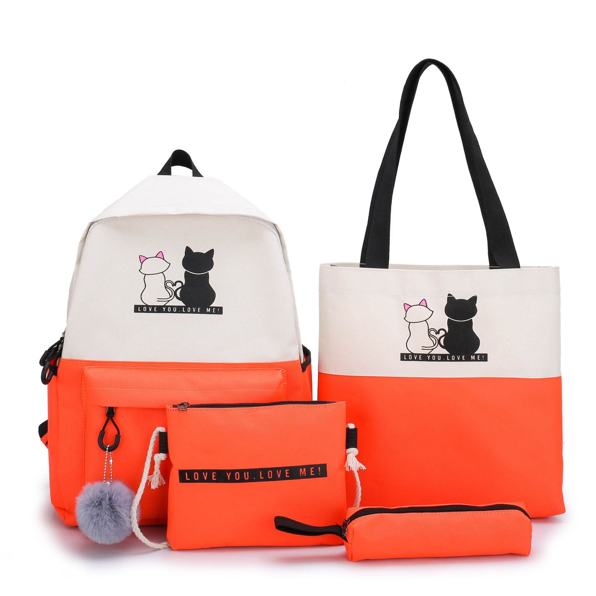 4-Piece Orange Student Backpack Set with Cat Print - Durable Canvas School Bag Combo - Includes Backpack, Tote Bag, Crossbody Bag &amp; Pencil Case