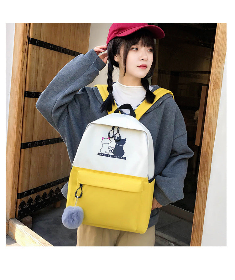 4-Piece Orange Student Backpack Set with Cat Print - Durable Canvas School Bag Combo - Includes Backpack, Tote Bag, Crossbody Bag & Pencil Case