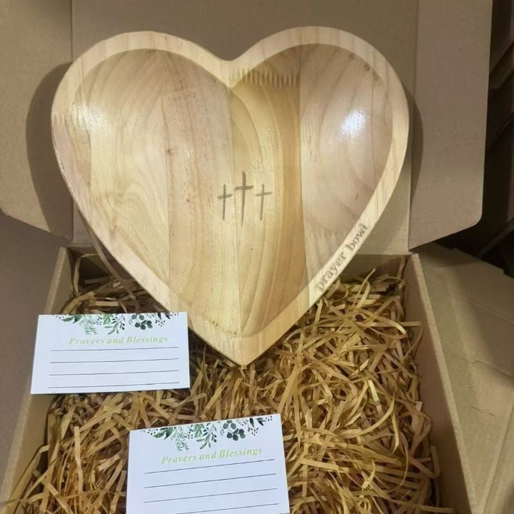 Solid Pine Wood Heart Prayer Bowl with 48 Prayer Cards - Handcrafted Gift for Communion &amp; Home Decor