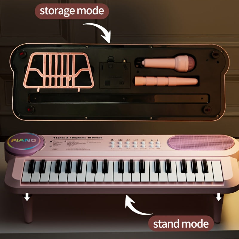 Portable Kids' Electronic Piano with Sheet Music and Microphone - Professional 37-Key Tactile Feedback, Support Recording & Multiple Performance Modes, Beginner-Friendly & Durable Musical Toy(Peach Powder)
