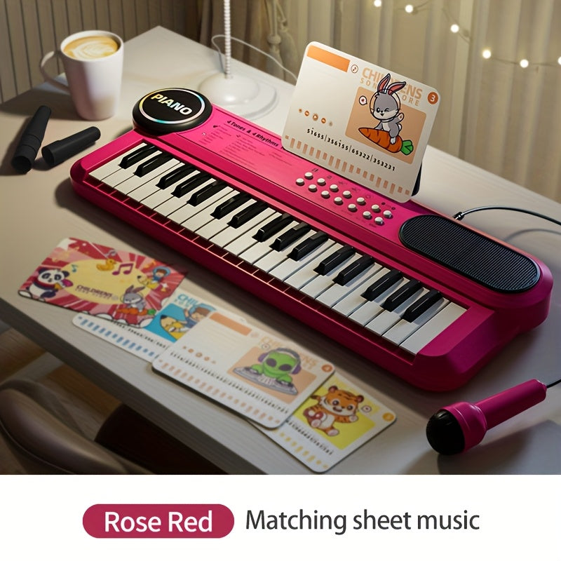 Portable Kids' Electronic Piano with Sheet Music and Microphone - Professional 37-Key Tactile Feedback, Support Recording &amp; Multiple Performance Modes, Beginner-Friendly &amp; Durable Musical Toy(Rose Red)
