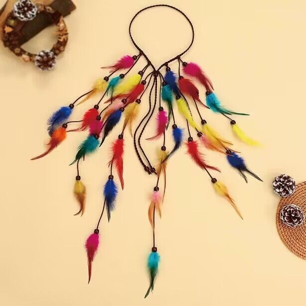 Bohemian Colorful Feather Headband - Ethnic Style Forehead Accessory & Hair Rope for Beach Vacations and Festivals