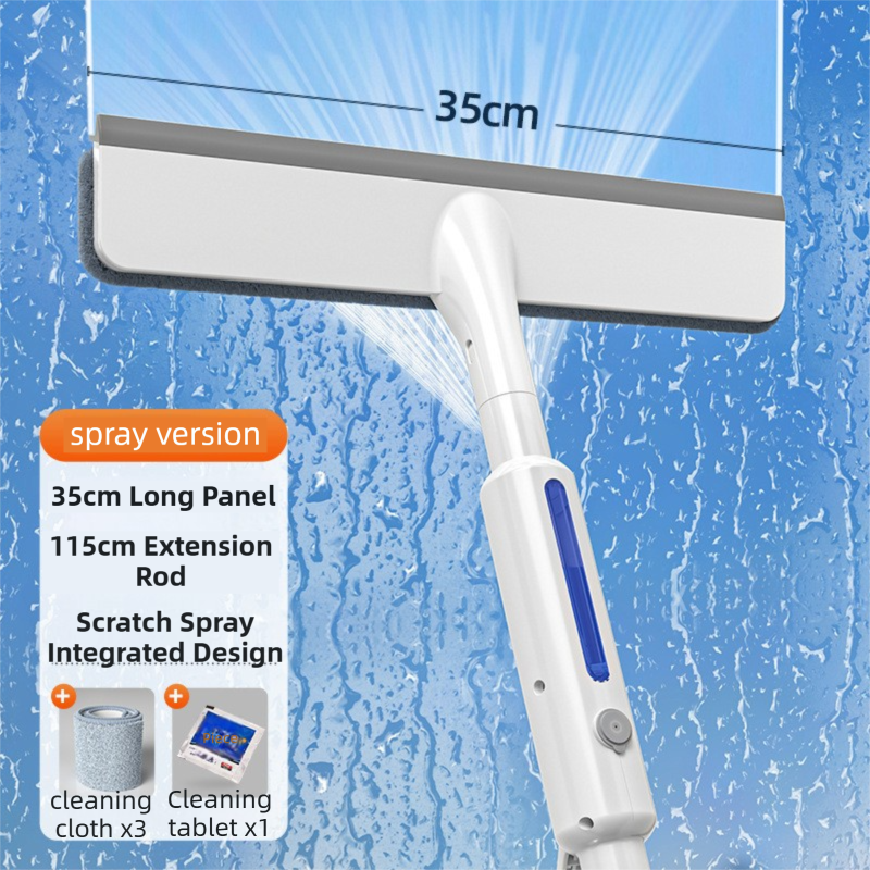 3-in-1 Spray Window Squeegee with 35cm Clean-Panel &amp; 115cm Extension Pole - Multi-functional Spray, Scrub &amp; Squeegee Tool with 3 Microfiber Cloths
