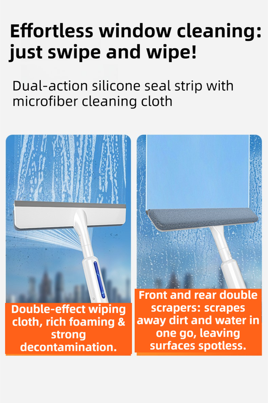 3-in-1 Spray Window Squeegee with 35cm Clean-Panel & 115cm Extension Pole - Multi-functional Spray, Scrub & Squeegee Tool with 3 Microfiber Cloths