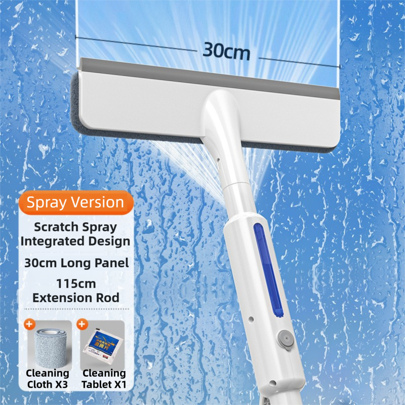 3-in-1 Spray Window Squeegee with 30cm Clean-Panel &amp; 115cm Extension Pole - Multi-functional Spray, Scrub &amp; Squeegee Tool with 3 Microfiber Cloths
