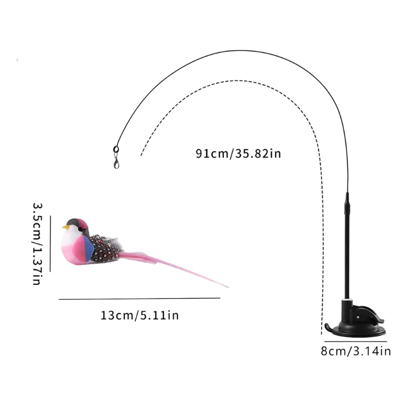 Interactive Self-Play Cat Wand with Suction Base - Automatic Bouncing Teaser Including Bell &amp; 3 Bird Attachments(Pink)