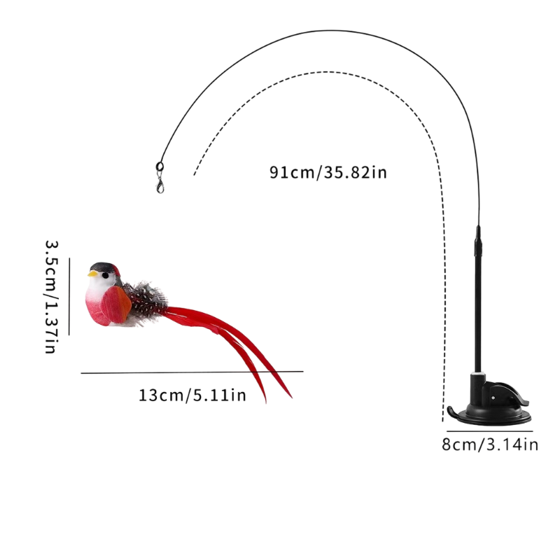 Interactive Self-Play Cat Wand with Suction Base - Automatic Bouncing Teaser Including Bell &amp; 3 Bird Attachments(Red)