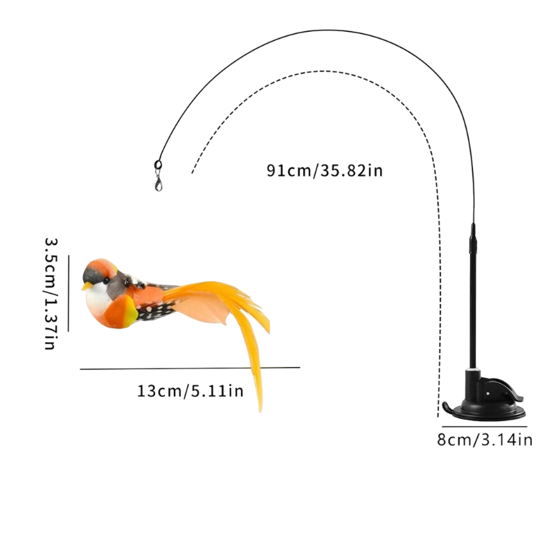 Interactive Self-Play Cat Wand with Suction Base - Automatic Bouncing Teaser Including Bell &amp; 3 Bird Attachments(Orange)