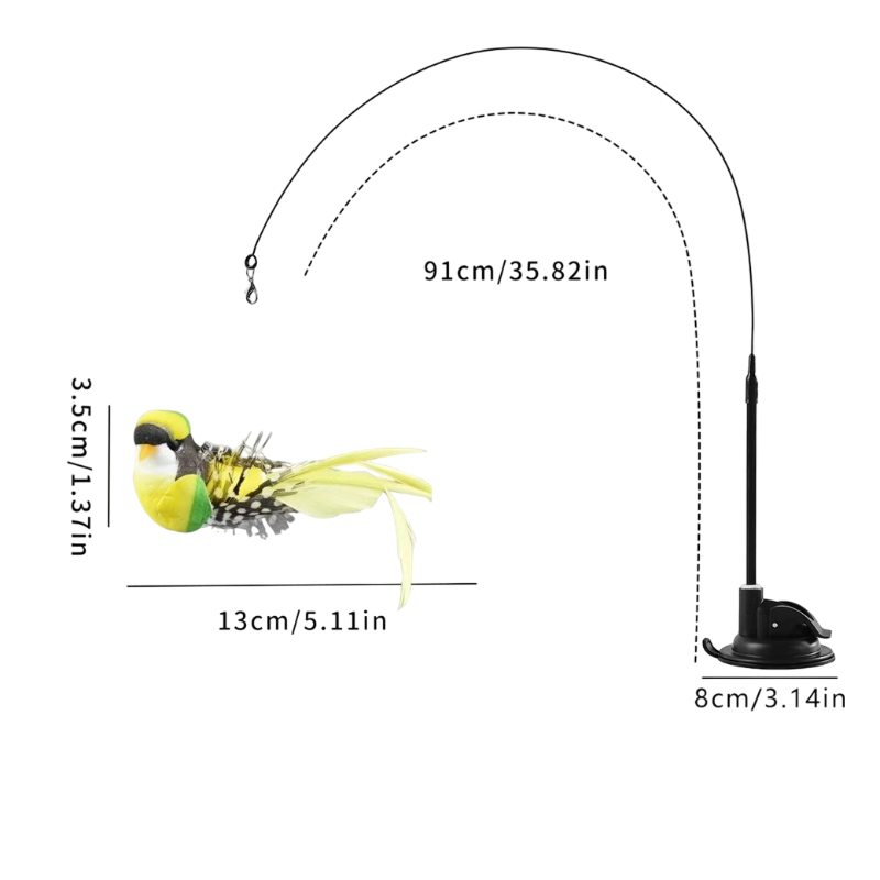 Interactive Self-Play Cat Wand with Suction Base - Automatic Bouncing Teaser Including Bell &amp; 3 Bird Attachments(Yellow)