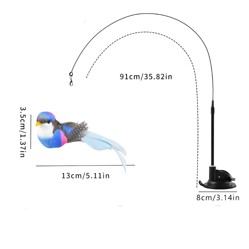 Interactive Self-Play Cat Wand with Suction Base - Automatic Bouncing Teaser Including Bell &amp; 3 Bird Attachments(Blue)