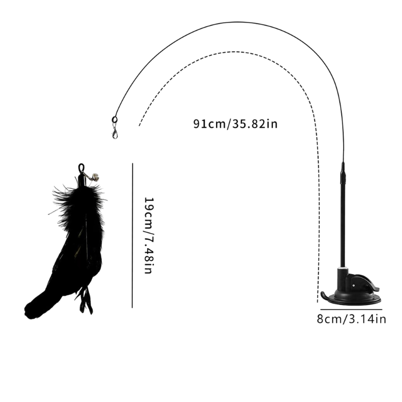 Interactive Self-Play Cat Wand with Suction Base, Feather &amp; Bell - Automatic Bouncing Teaser(Black)