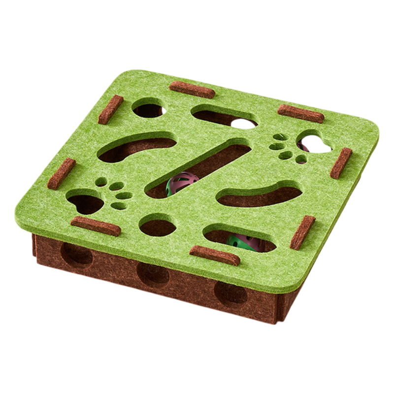 Green-Brown Felt Puzzle Square Shape Box Cat Toy with 2 Metal Bell Balls - Scratch-Resistant &amp; Interactive Hide-and-Seek Toy, Brain Stimulating Fun