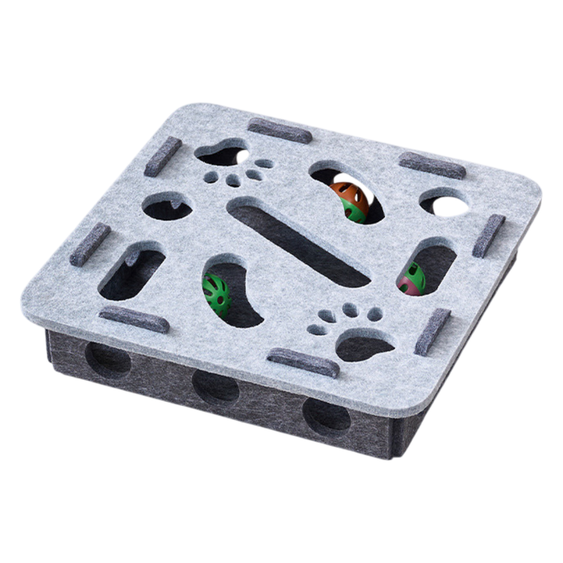 Grey Felt Puzzle Square Shape Box Cat Toy with 2 Metal Bell Balls - Scratch-Resistant &amp; Interactive Hide-and-Seek Toy, Brain Stimulating Fun