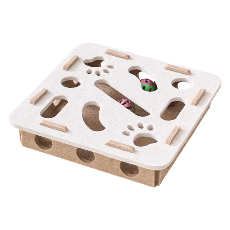White Felt Puzzle Square Shape Box Cat Toy with 2 Metal Bell Balls - Scratch-Resistant &amp; Interactive Hide-and-Seek Toy, Brain Stimulating Fun