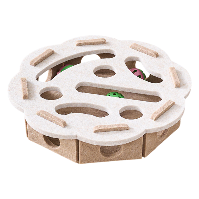 White Felt Puzzle Flower Shape Box Cat Toy with 2 Metal Bell Balls - Scratch-Resistant &amp; Interactive Hide-and-Seek Toy, Brain Stimulating Fun