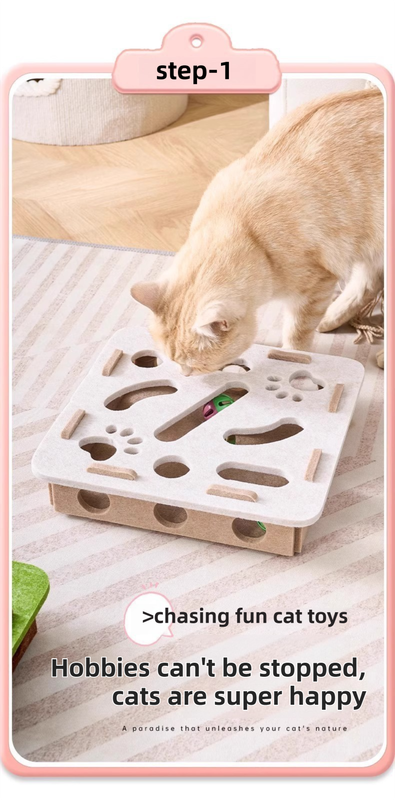 White Felt Puzzle Flower Shape Box Cat Toy with 2 Metal Bell Balls - Scratch-Resistant & Interactive Hide-and-Seek Toy, Brain Stimulating Fun